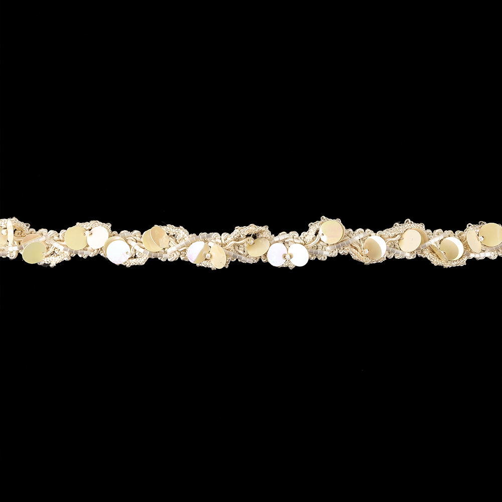 Vintage White Iris Paillette Sequins and White Satin Bugle Beaded Eggnog Trimming – 0.75″ Vintage White Iris Paillette Sequins and White Satin Bugle Beaded Eggnog Trimming – 0.75″