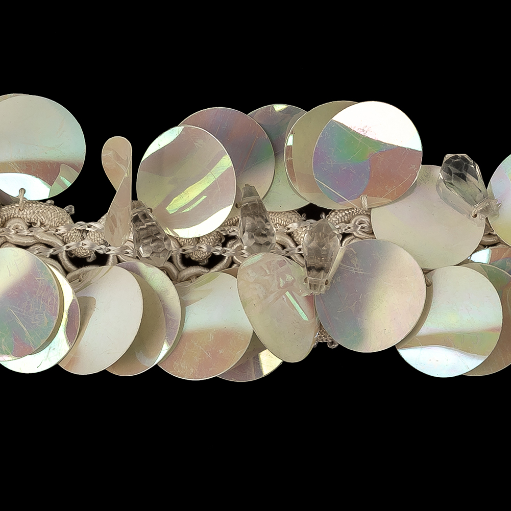 Vintage White Iris Paillette Sequins and Faceted Teardrop Beaded Fringe Trimming on Ivory Braid - 2.125"