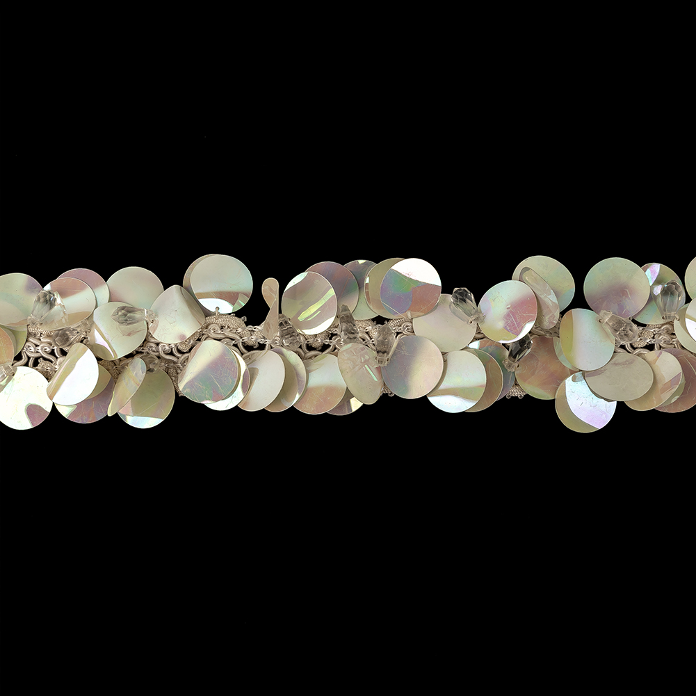 Vintage White Iris Paillette Sequins and Faceted Teardrop Beaded Fringe Trimming on Ivory Braid – 2.125″ Vintage White Iris Paillette Sequins and Faceted Teardrop Beaded Fringe Trimming on Ivory Braid – 2.125″