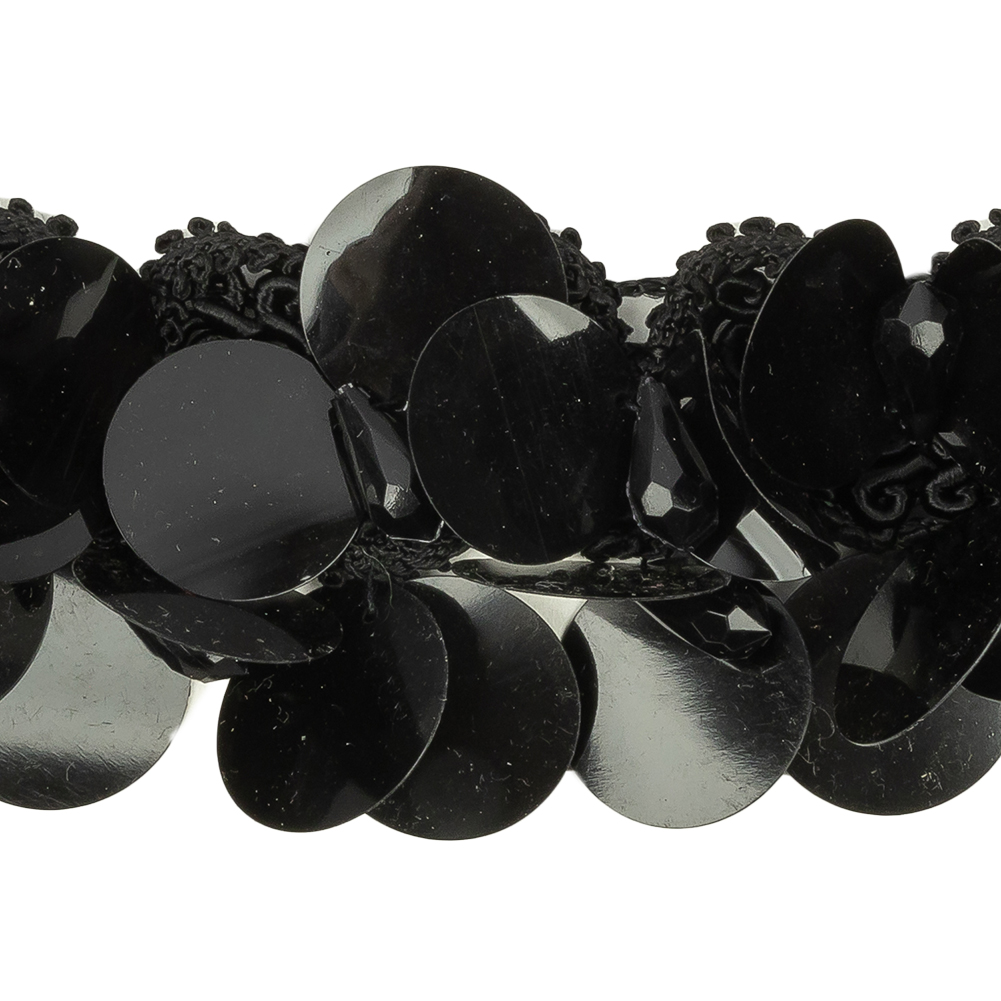 Vintage Black Paillette Sequins and Faceted Teardrop Beaded Fringe Trimming on Black Braid - 2.125"