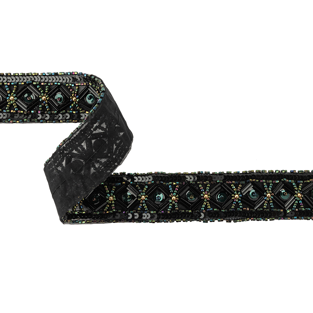 Vintage Green Iris Geometric Beaded and Sequins Trimming – 1.25″ Vintage Green Iris Geometric Beaded and Sequins Trimming – 1.25″