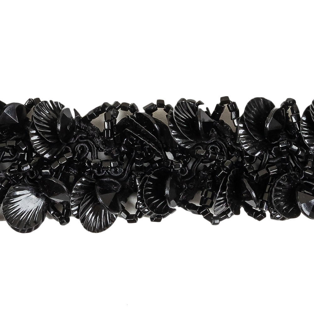 Vintage Black Seashell Sequins and Seed Beaded Braided Trim - 1.5"