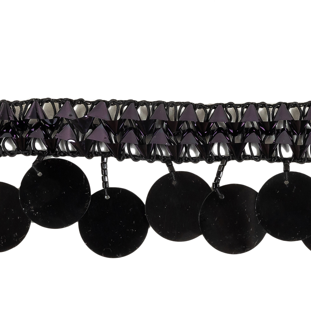 Vintage Metallic Black Braided Trim with Black Beads and Paillette Sequins Fringe - 1.75"