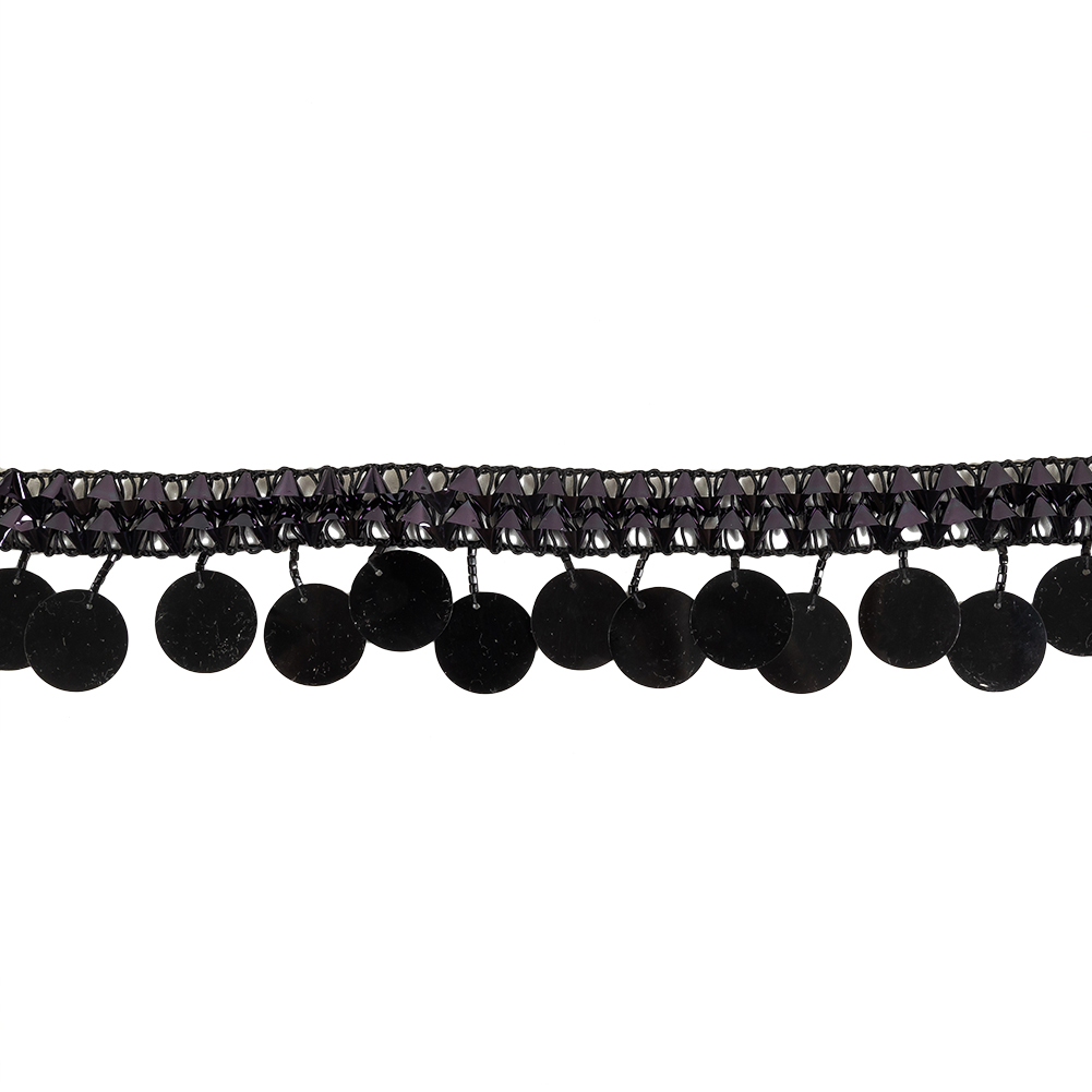 Vintage Metallic Black Braided Trim with Black Beads and Paillette Sequins Fringe – 1.75″ Vintage Metallic Black Braided Trim with Black Beads and Paillette Sequins Fringe – 1.75″