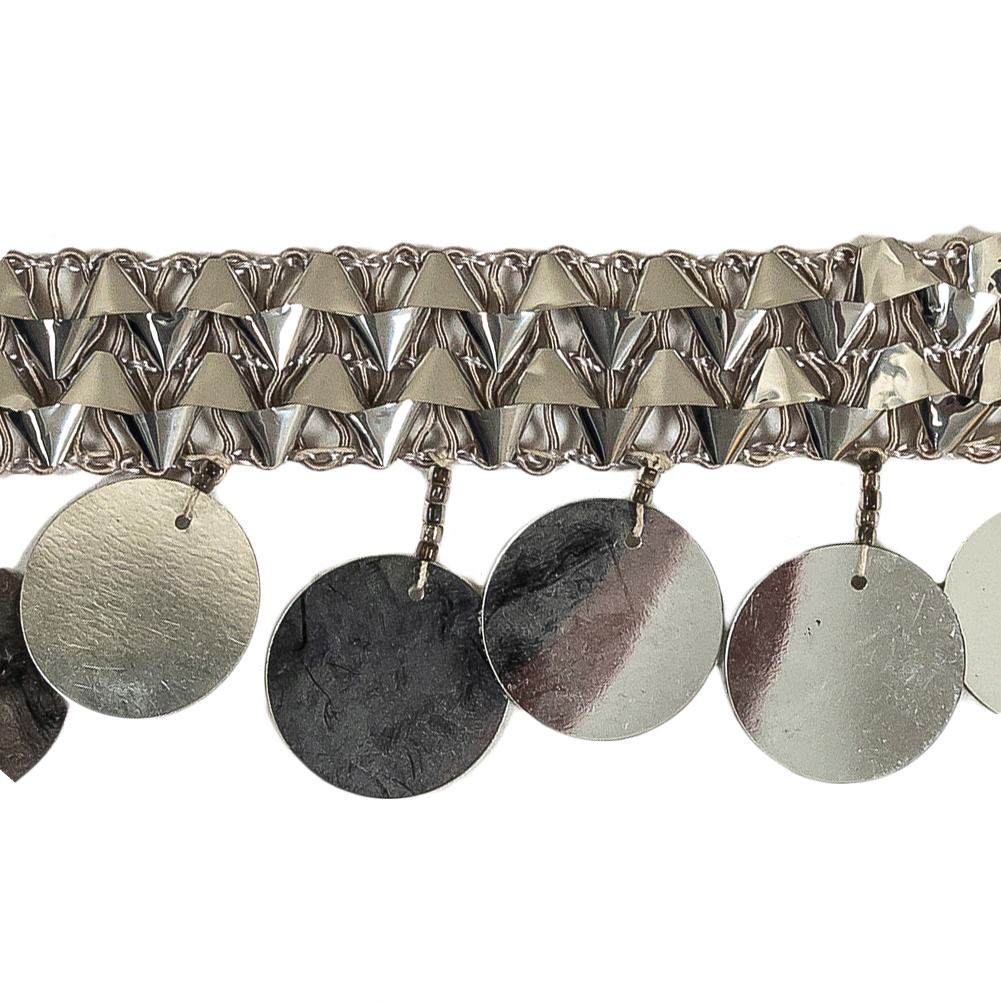 Vintage Metallic Silver Braided Trim with Silver Paillette Sequins and Beaded Fringe – 1.75″ Vintage Metallic Silver Braided Trim with Silver Paillette Sequins and Beaded Fringe – 1.75″