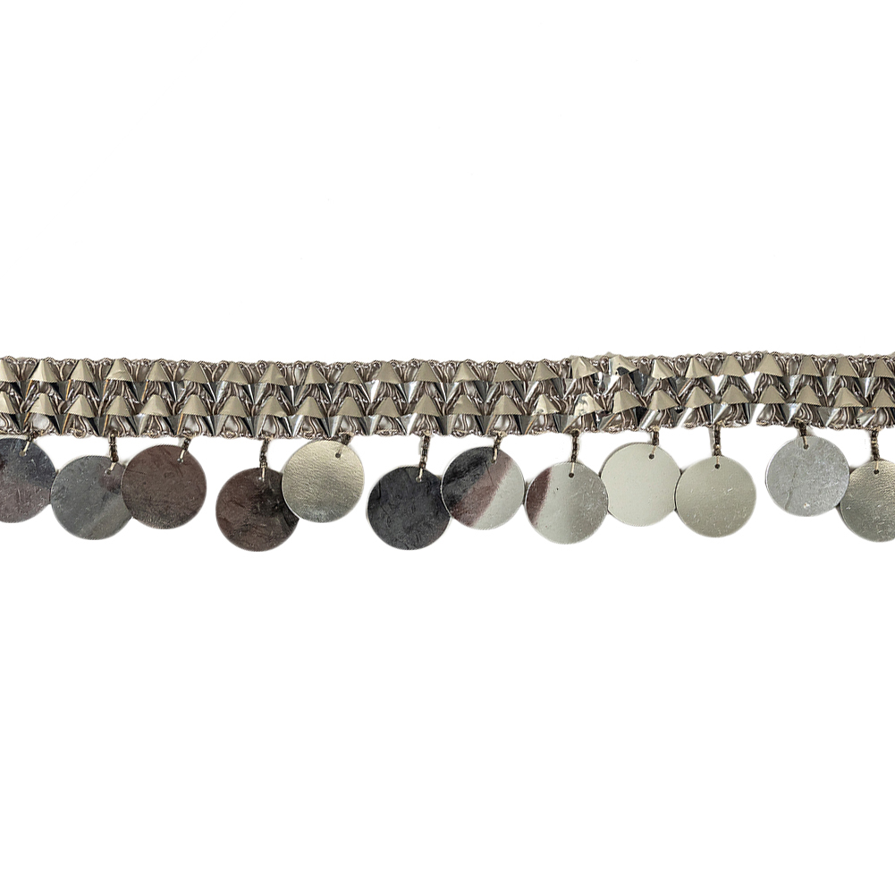 Vintage Metallic Silver Braided Trim with Silver Paillette Sequins and Beaded Fringe - 1.75"