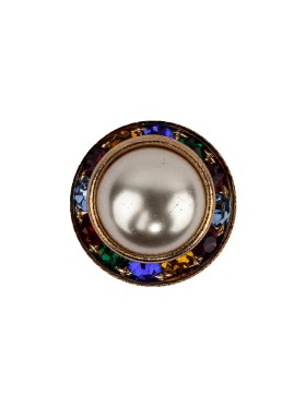 Vintage Swarovski Pearl, Multicolored Rhinestones and Gold Metal Shank Back Button – 25L/16mm Vintage Swarovski Pearl, Multicolored Rhinestones and Gold Metal Shank Back Button – 25L/16mm