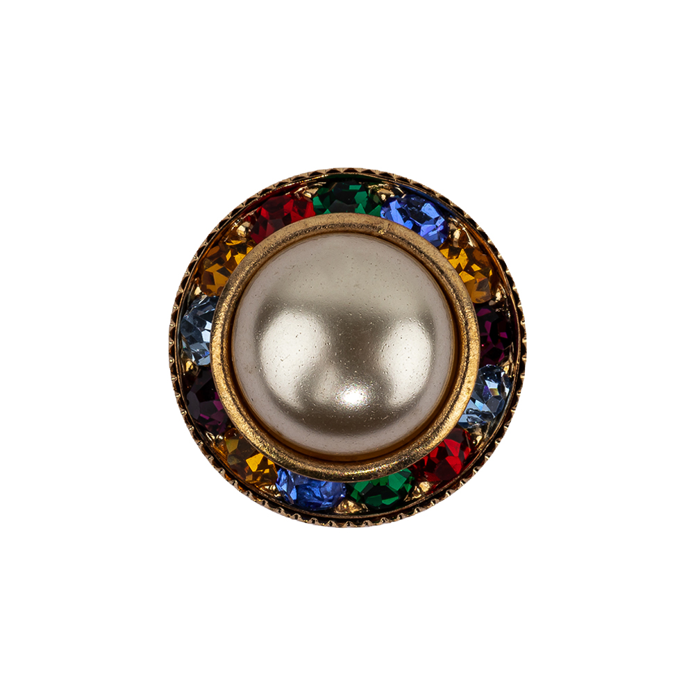 Vintage Swarovski Pearl, Multicolored Rhinestones and Gold Metal Shank Back Button – 34L/21.5mm Vintage Swarovski Pearl, Multicolored Rhinestones and Gold Metal Shank Back Button – 34L/21.5mm