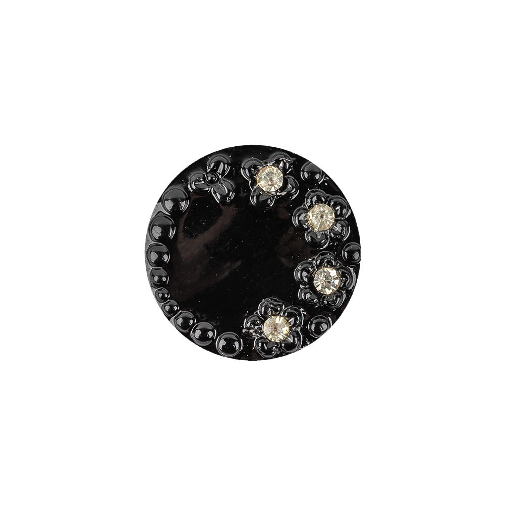 Vintage Shiny Black and Crystal Rhinestones Floral Glass Button – 28L/18mm Vintage Shiny Black and Crystal Rhinestones Floral Glass Button – 28L/18mm