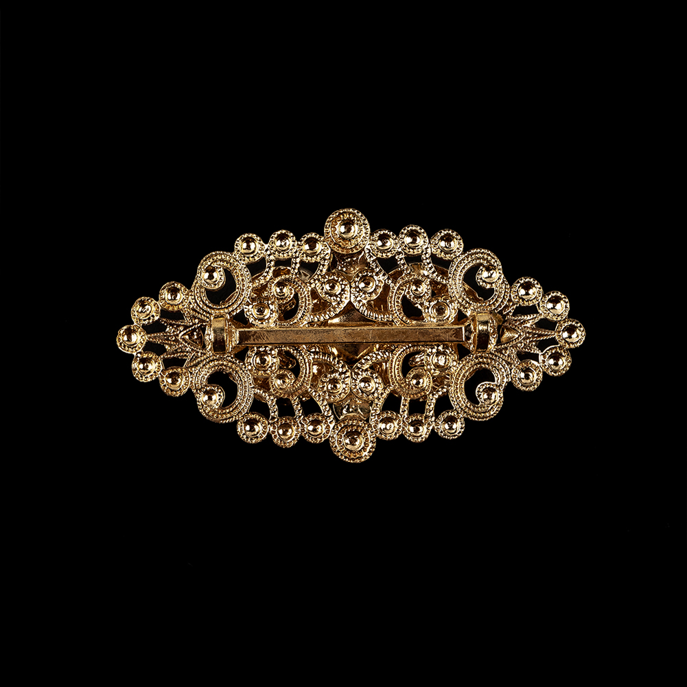 Vintage Czech Crystal Rhinestones and Gold Open Framework Brooch with Cabochon Core - 1.1875" x 2.125"