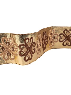 Vintage English Beige and Brown Embroidered Gold Metallic Vinyl Ribbon – 2.75″ Vintage English Beige and Brown Embroidered Gold Metallic Vinyl Ribbon – 2.75″