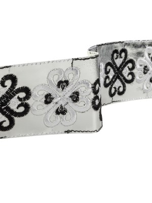 Vintage English White and Black Embroidered Silver Metallic Vinyl Ribbon – 2.75″ Vintage English White and Black Embroidered Silver Metallic Vinyl Ribbon – 2.75″