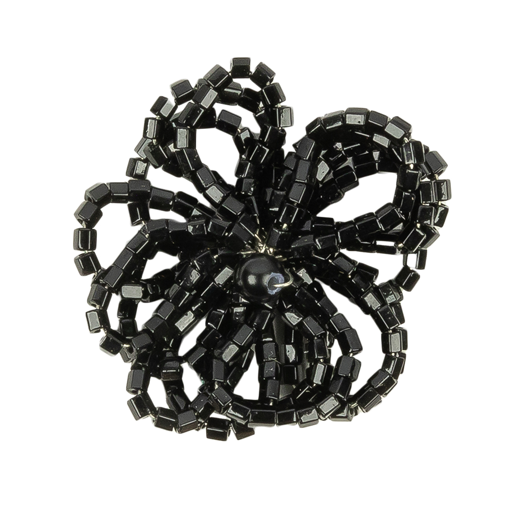 Vintage Jet Black Seed Beaded Flower Decoration with Black Faux Pearl Center - 1.25" x 1.25"