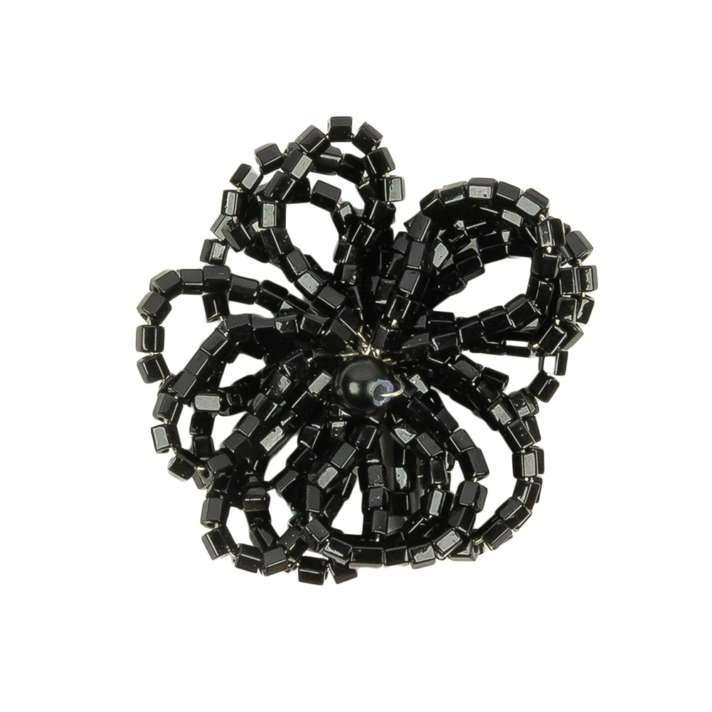 Vintage Jet Black Seed Beaded Flower Decoration with Black Faux Pearl Center – 1.25″ x 1.25″ Vintage Jet Black Seed Beaded Flower Decoration with Black Faux Pearl Center – 1.25″ x 1.25″