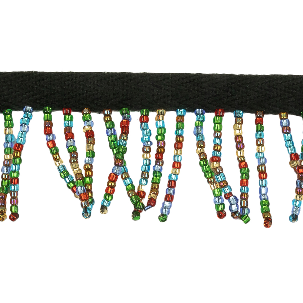 Vintage Multicolored and Black Seed Beaded Chainette Fringe - 1"