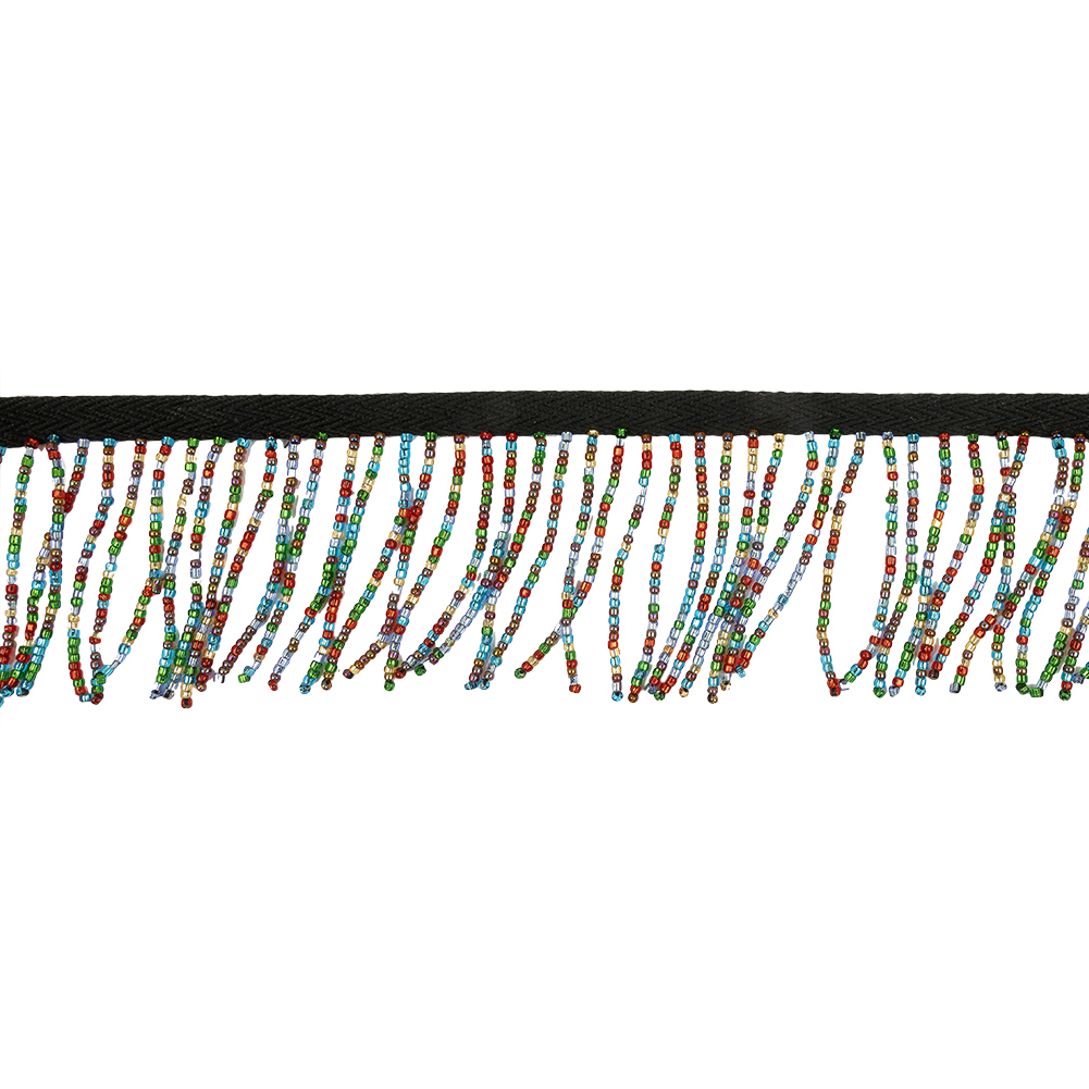 Vintage Multicolored and Black Seed Beaded Chainette Fringe – 2″ Vintage Multicolored and Black Seed Beaded Chainette Fringe – 2″