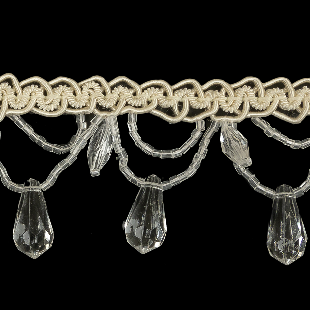 Vintage Crystal Teardrops and Silver Lined Glass Beaded Looped Fringe on Ivory Braid - 1.5"