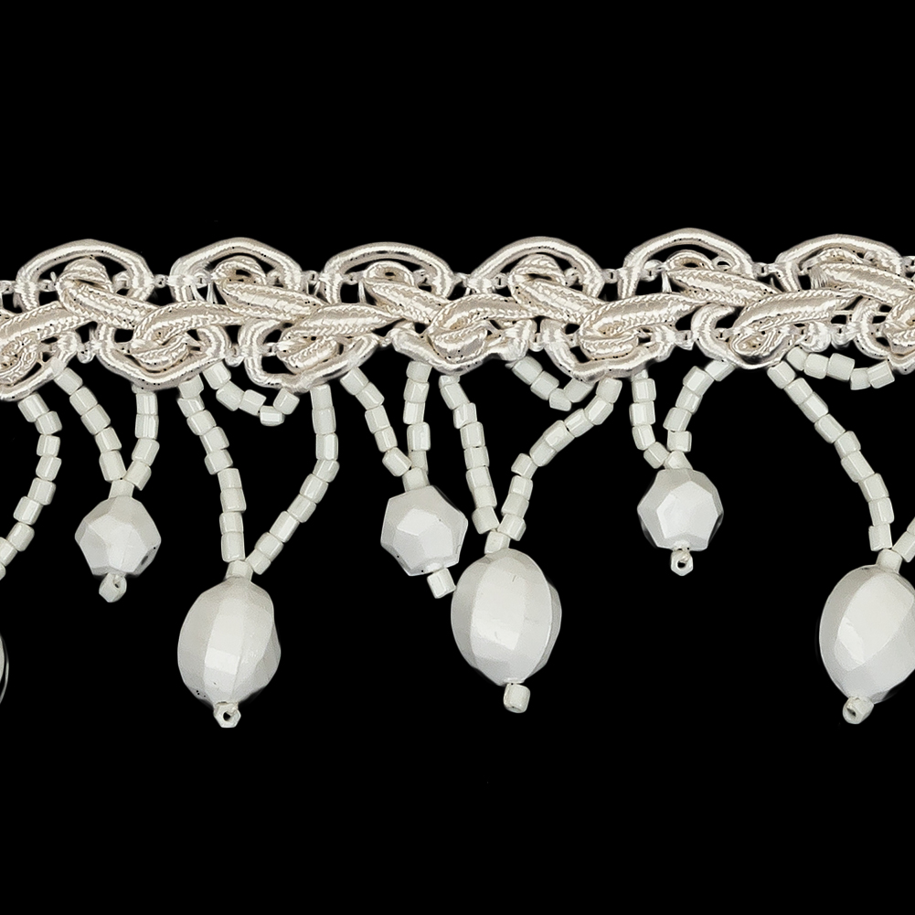 Vintage Chalk White Faceted Round and Chop Beaded Fringe on White Gimp Braid - 1.5"