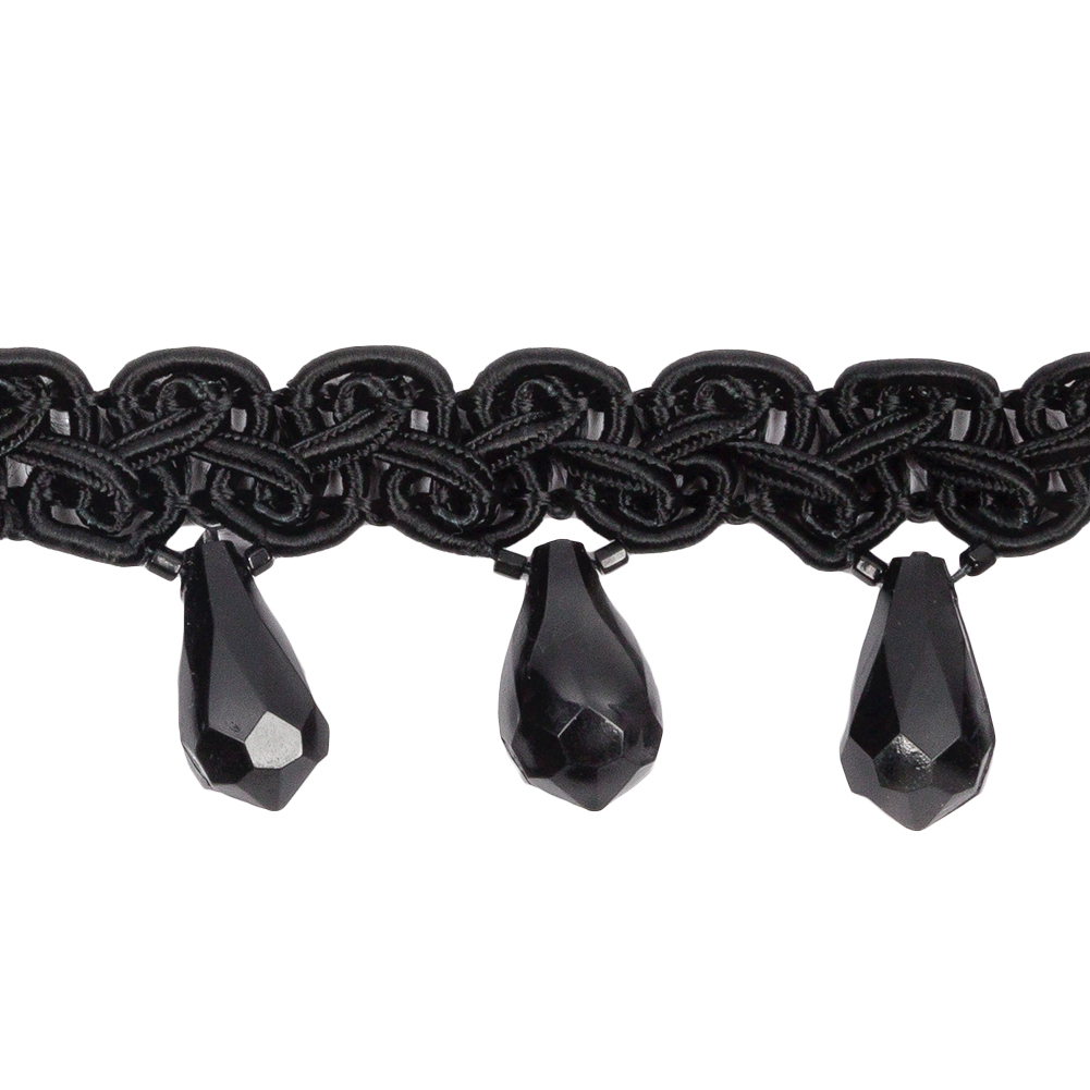 Vintage Black Faceted Teardrop Bead Fringe on Black Gimp Braided Trim - 1.125"