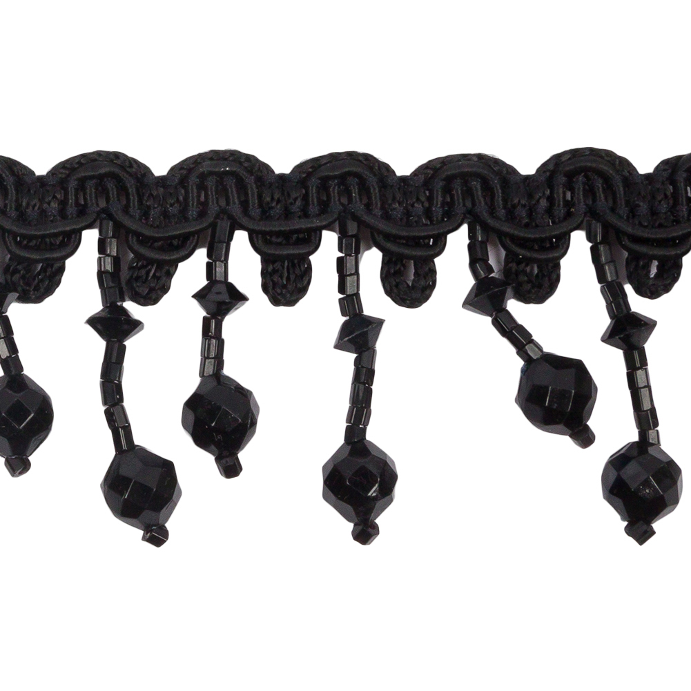 Vintage Black Faceted and Seed Beaded Fringe on Black Braid - 1.5"