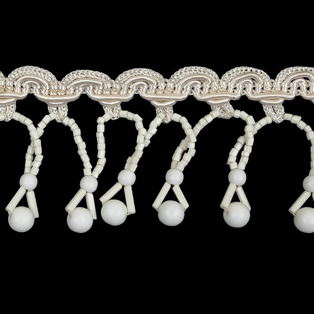 Vintage Chalk White Round and Seed Beaded Fringe on Ivory Braid - 1.5"