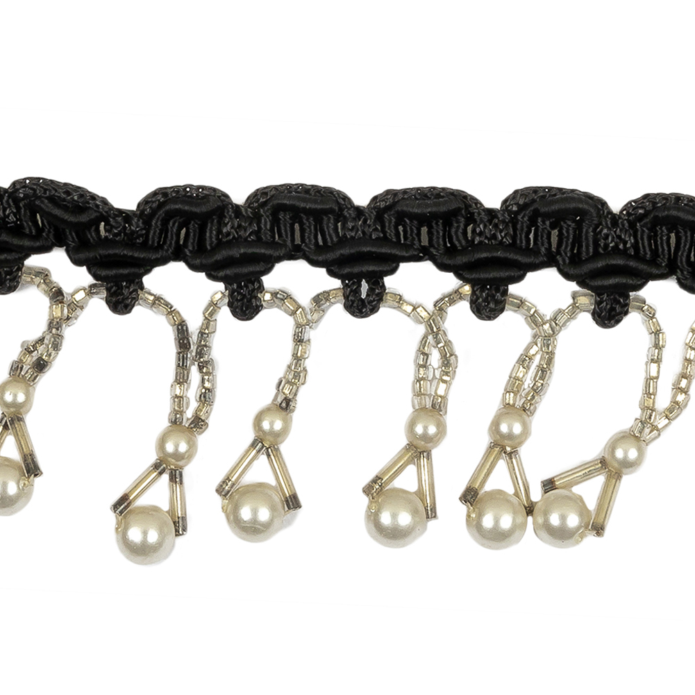 Vintage White Pearl Round and Seed Beaded Fringe on Black Braid - 1.5"