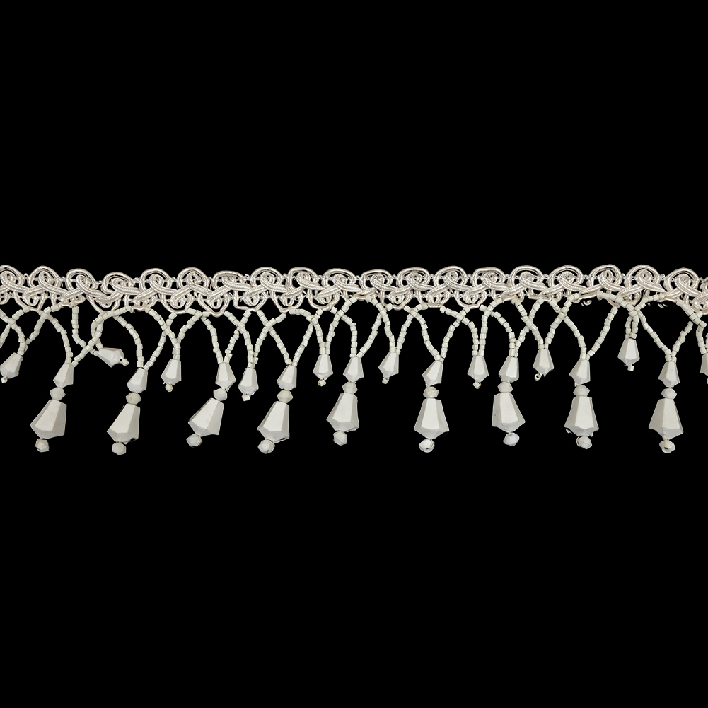 Vintage Chalk White Fancy Beaded Fringe on White Gimp Braid – 2.25″ Vintage Chalk White Fancy Beaded Fringe on White Gimp Braid – 2.25″