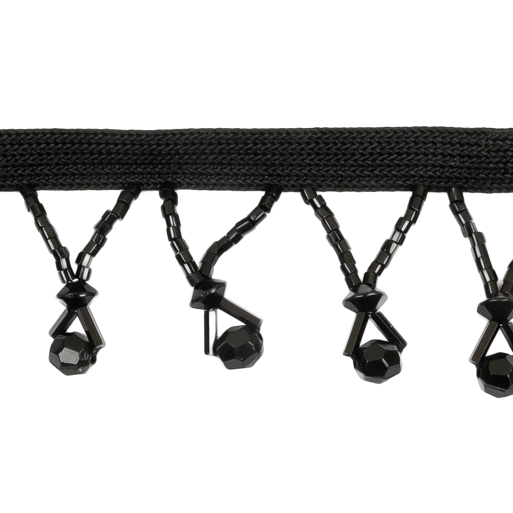 Vintage Black Faceted Round and Seed Beaded Fringe Trim - 1.375"