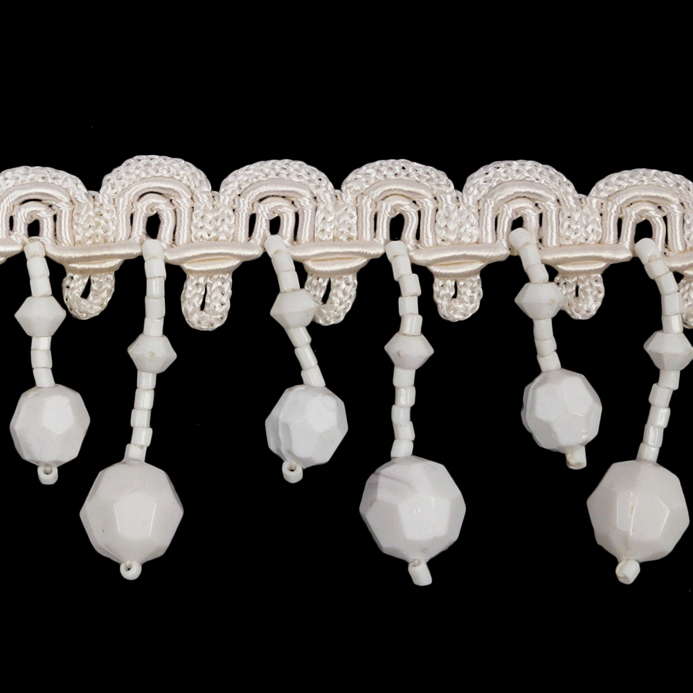 Vintage Chalk White Faceted Round Beaded Fringe on Ivory Gimp Braided Trim - 1.5"