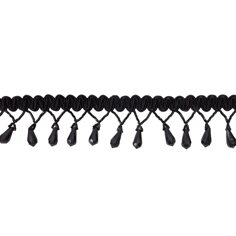 Vintage Black Teardrop Beaded Fringe on Black Gimp Braid – 2″ Vintage Black Teardrop Beaded Fringe on Black Gimp Braid – 2″