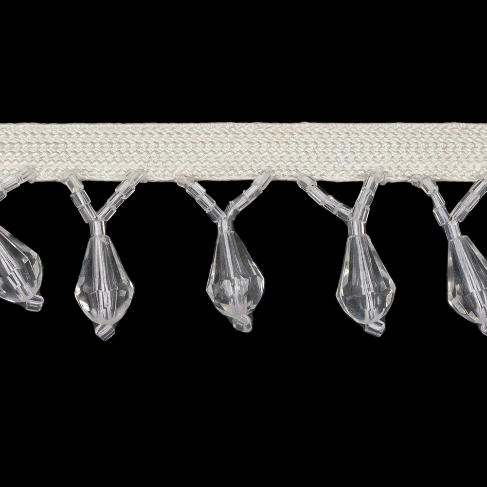 Vintage Crystal Small Faceted Teardrops and Seed Beaded Fringe Trim on Ivory Tape - 1.25"
