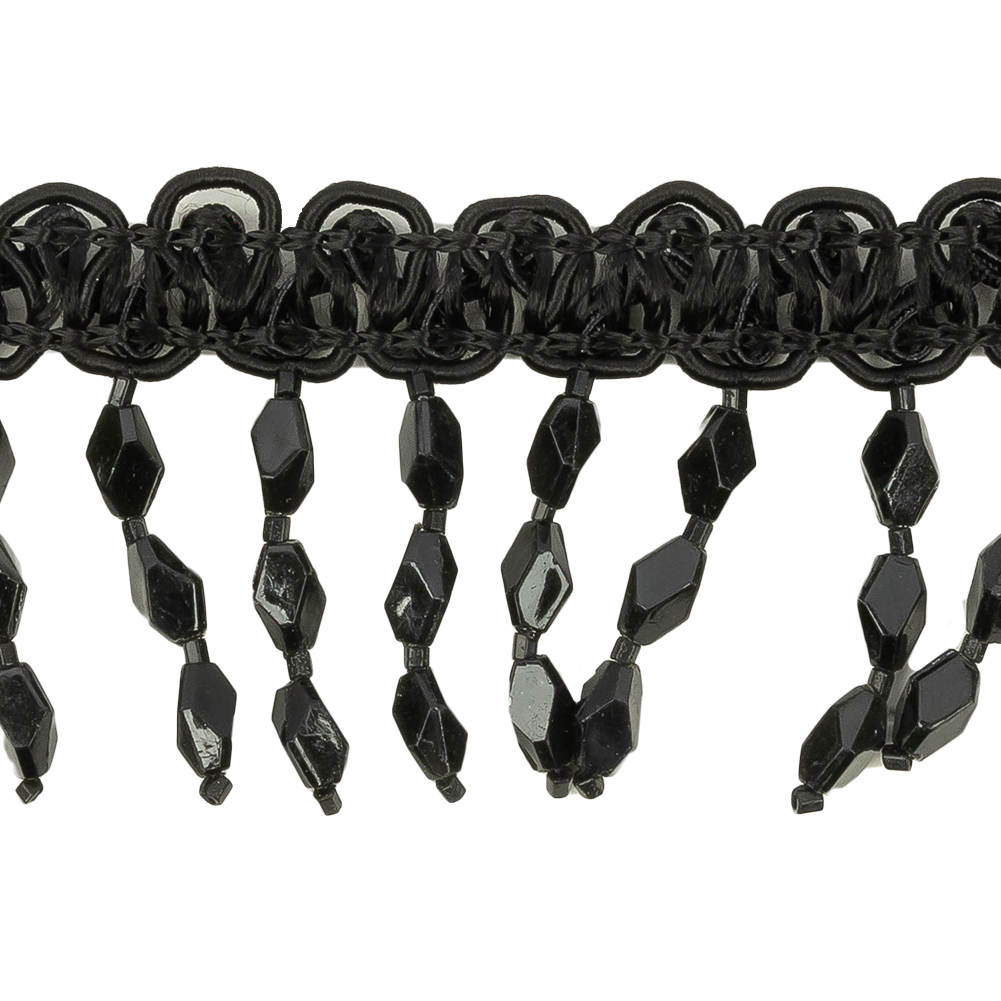 VIntage Black Diamond Beaded Fringe on Black Braid - 1.75"
