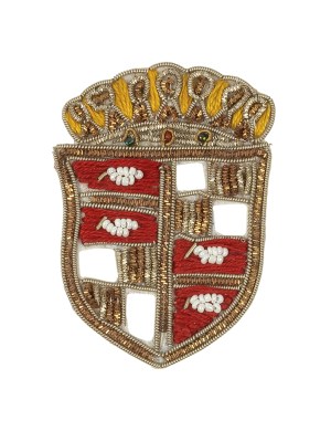 Vintage Gold, Yellow and Red Crest Bullion Embroidered and Beaded Applique – 3″ x 2.25″ Vintage Gold, Yellow and Red Crest Bullion Embroidered and Beaded Applique – 3″ x 2.25″