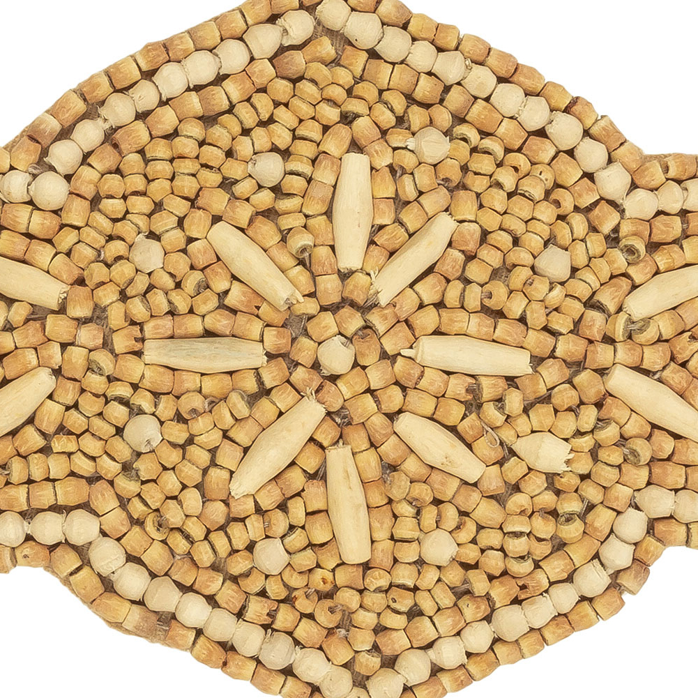 Vintage Tan and Natural Floral Sheild Wood Beaded Applique - 5.5" x 3.25"