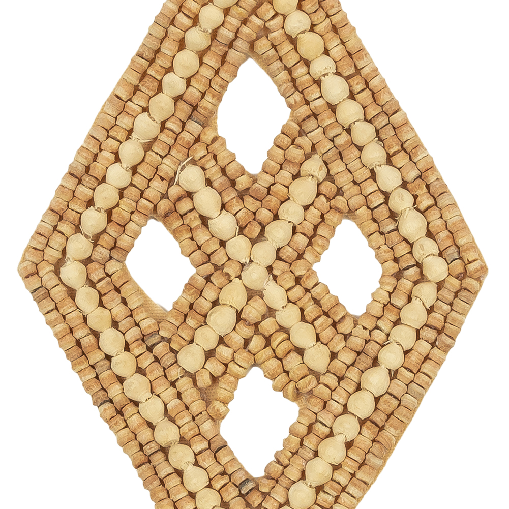Vintage Tan and Natural Diamond Window Wood Beaded Applique - 4.25" x 2.625"
