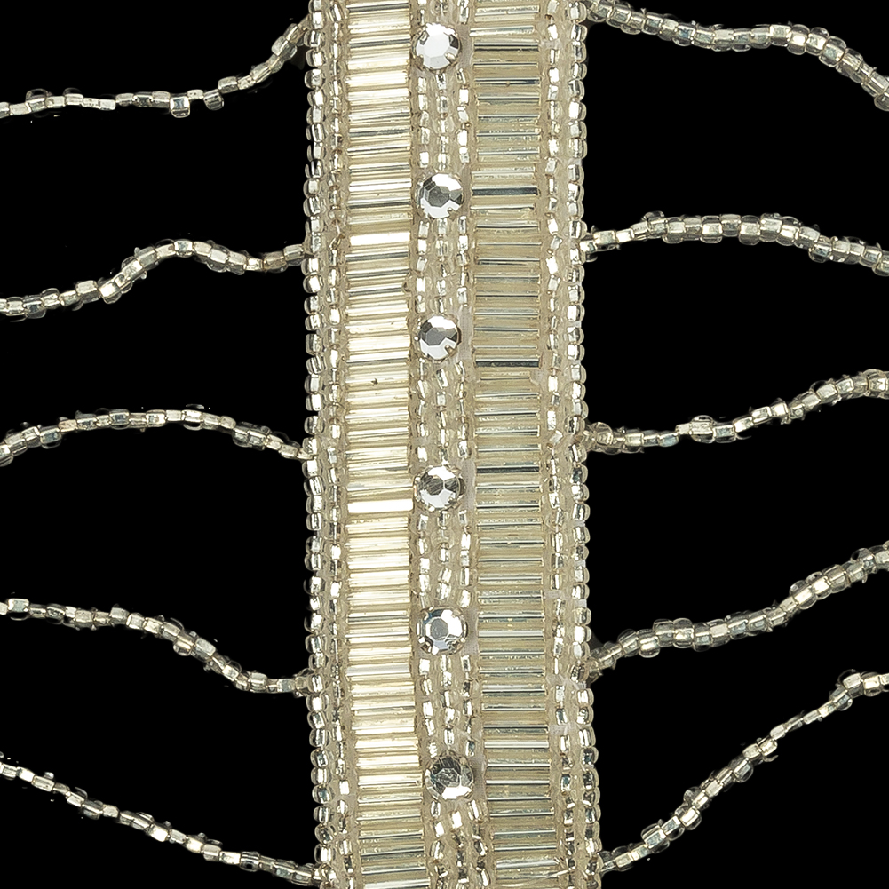 Vintage Silver and Crystal Rhinestone Dotted and Beaded Rectangles and Chains Applique - 4.625" x 14"