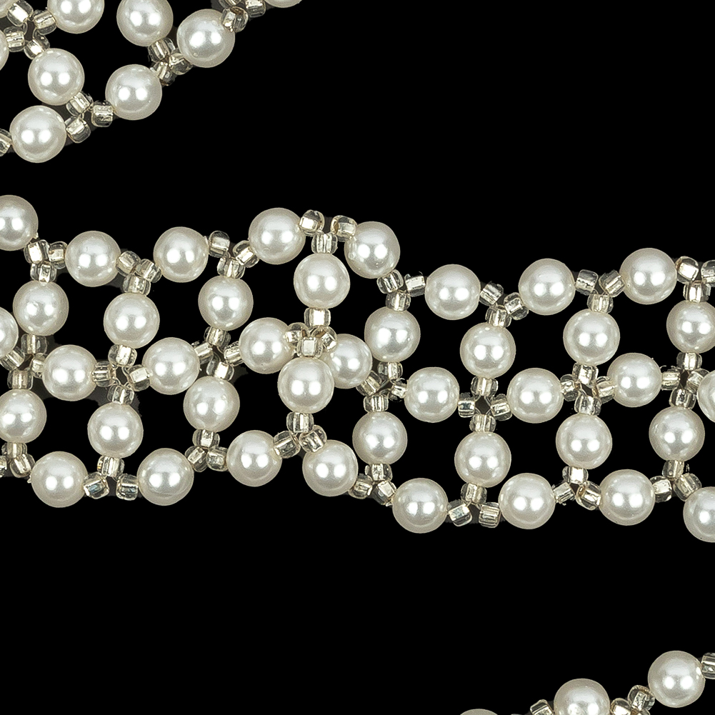 Vintage Silver and Faux Pearl Beaded Latticework Belt With Fringe - 33" x 1.125"