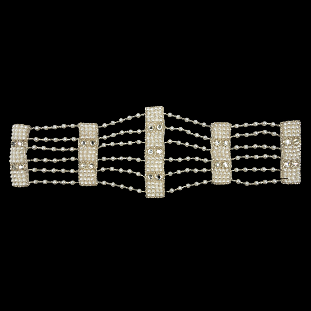 Vintage Silver, Faux Pearl and Crystal Beaded and Rhinestone Rectangles and Chains Applique – 4.5″ X 13.5″ Vintage Silver, Faux Pearl and Crystal Beaded and Rhinestone Rectangles and Chains Applique – 4.5″ X 13.5″