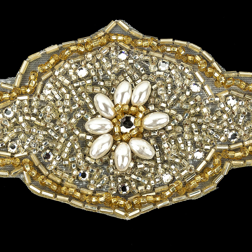 Vintage Gold Beaded and Rhinestone Floral Diamond Shaped Applique - 5.75" x 2.875"