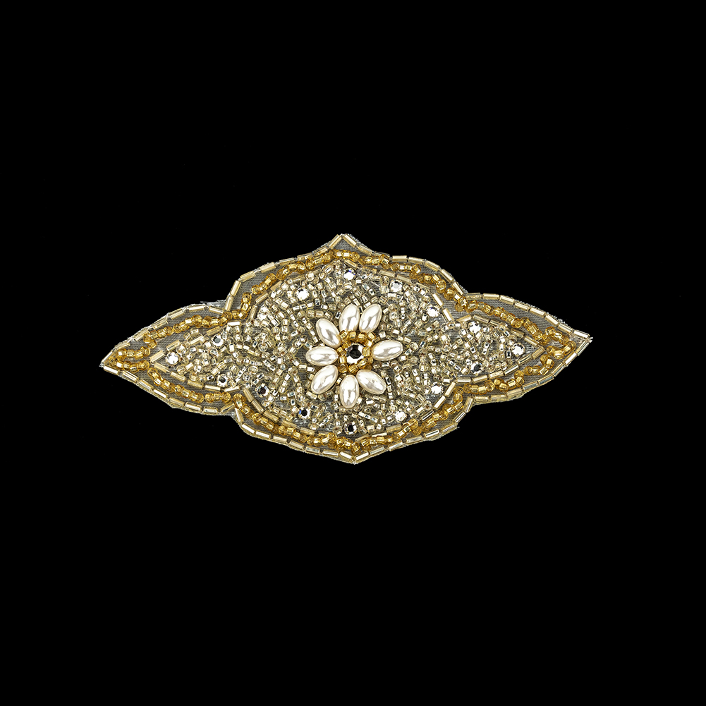 Vintage Gold Beaded and Rhinestone Floral Diamond Shaped Applique – 5.75″ x 2.875″ Vintage Gold Beaded and Rhinestone Floral Diamond Shaped Applique – 5.75″ x 2.875″