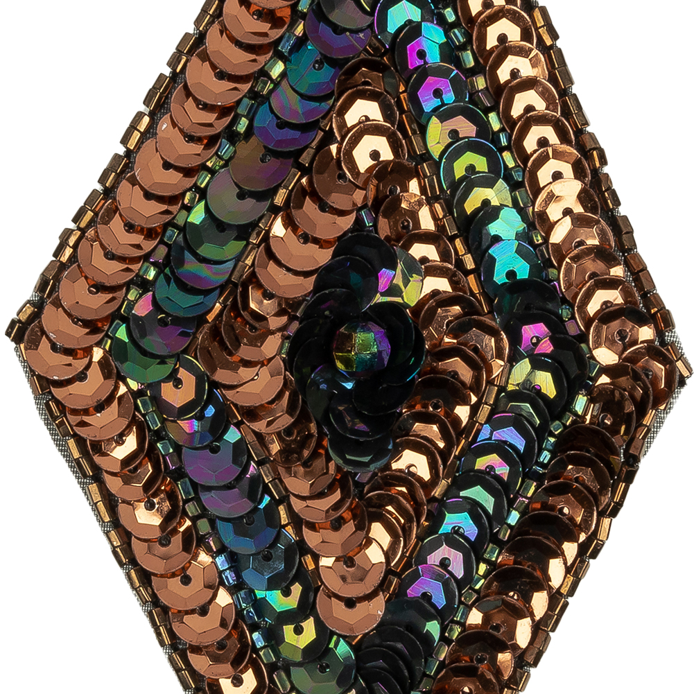Vintage Bronze and Black Iris Sequins and Beaded Diamond Applique - 5" x 2.75"