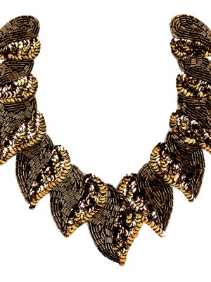 Vintage Fancy Bronze Sequins and Bugle Beaded Neckline Applique – 7.625″ X 7.375″ Vintage Fancy Bronze Sequins and Bugle Beaded Neckline Applique – 7.625″ X 7.375″