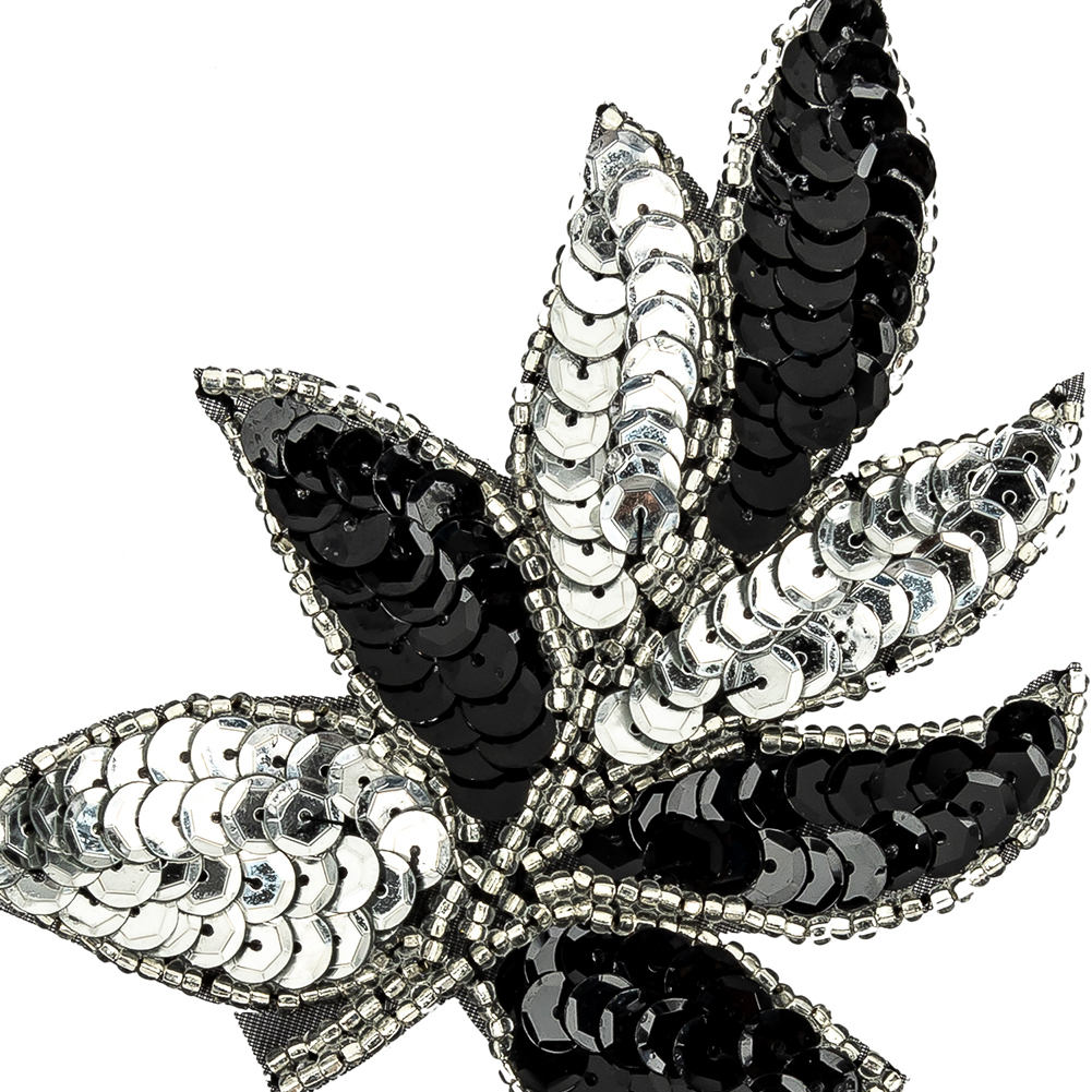 Vintage Black and Silver Sequins and Silver-lined Beaded Leaf Applique - 4" X 3"