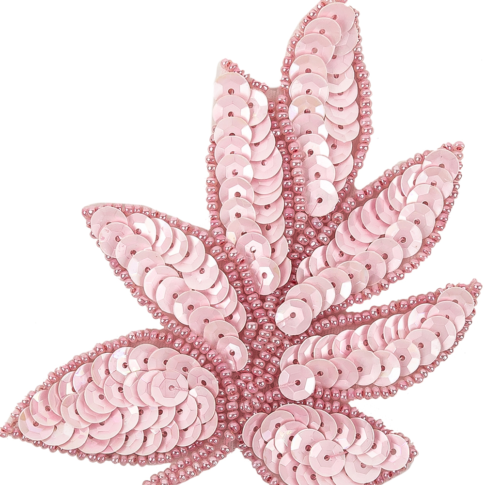 Vintage Pink Sequins and Pink-lined Beaded Leaf Applique - 4" X 3"