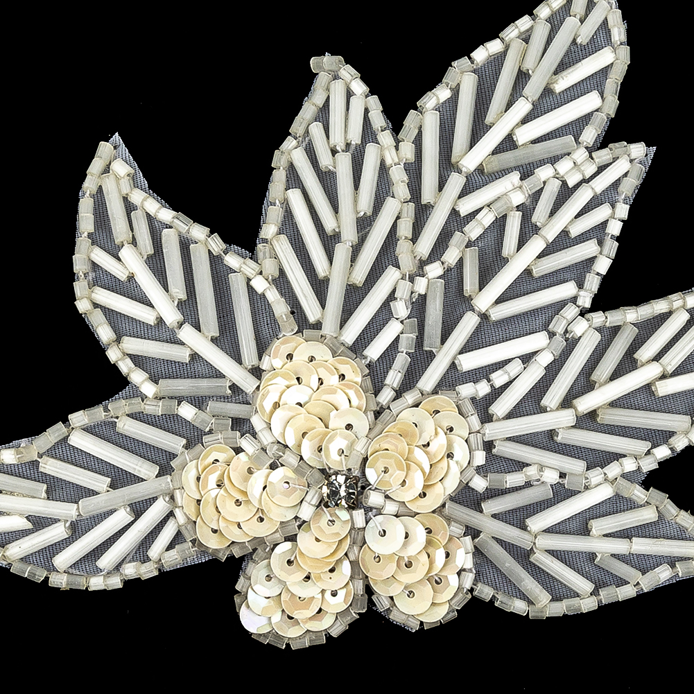 Vintage White Iris Sequins and Translucent White Bugle Beaded Floral Applique with Rhinestone Center - 4" x 4.375"