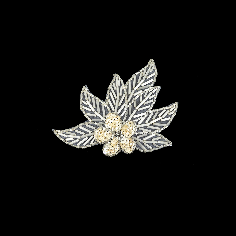 Vintage White Iris Sequins and Translucent White Bugle Beaded Floral Applique with Rhinestone Center – 4″ x 4.375″ Vintage White Iris Sequins and Translucent White Bugle Beaded Floral Applique with Rhinestone Center – 4″ x 4.375″