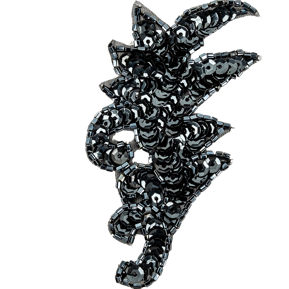 Vintage Gunmetal Sequins and Iridescent Chop Beaded Leaf Applique - 3.75" x 1.75"