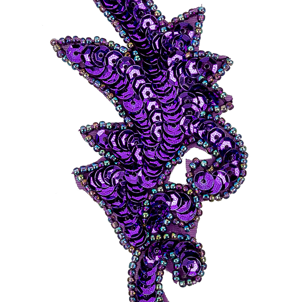 Vintage Purple Iris Sequins and Iridescent Seed Beaded Leaf Applique - 3.75" x 1.75"