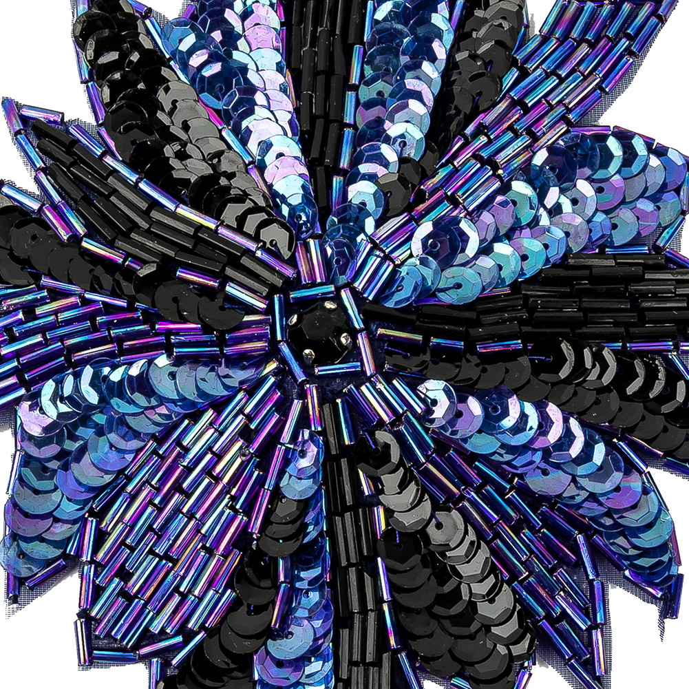 Vintage Iridescent Blue and Black Sequins and Beaded Floral Applique with Jet Rhinestone Core - 6.5" x 5.5"