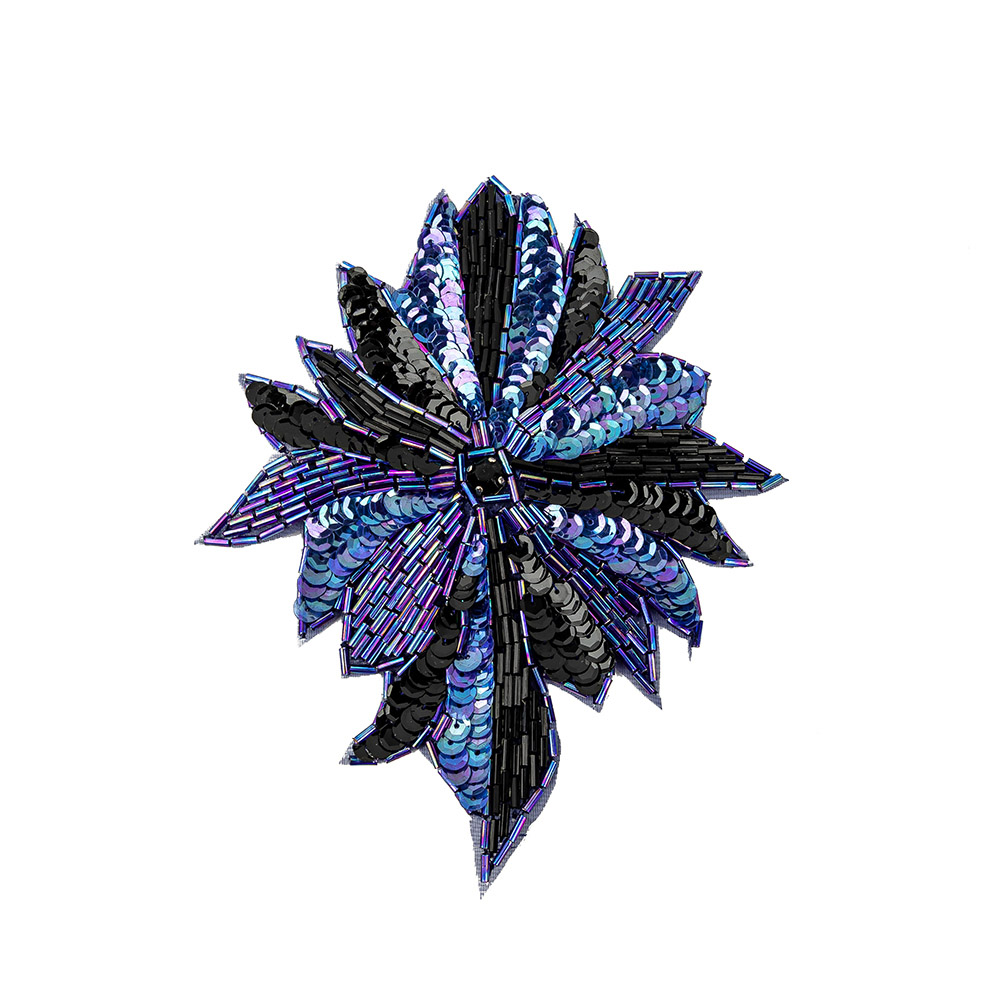 Vintage Iridescent Blue and Black Sequins and Beaded Floral Applique with Jet Rhinestone Core – 6.5″ x 5.5″ Vintage Iridescent Blue and Black Sequins and Beaded Floral Applique with Jet Rhinestone Core – 6.5″ x 5.5″